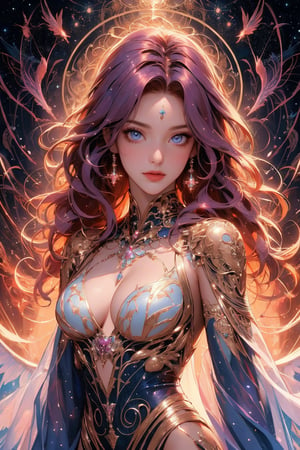 busty and sexy girl, 8k, masterpiece, ultra-realistic, best quality, high resolution, high definition,The image presents a stylized depiction of a female character with fantasy elements. The character has curly hair and is adorned with sparkling jewelry that resembles a constellation pattern, suggesting a celestial theme. The background is dark, speckled with stars, which enhances the cosmic feel of the image. The color palette is rich with purples, blues, and pinks, contributing to the otherworldly aesthetic. The character's attire includes intricate, wing-like structures that add to her ethereal appearance. The overall impression is one of a digital illustration that combines elements of fantasy and science fiction.