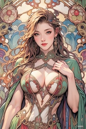 ((mucha style)), busty and sexy girl, 8k, masterpiece, ultra-realistic, best quality, high resolution, high definition,1 girl ,MUGODDESS