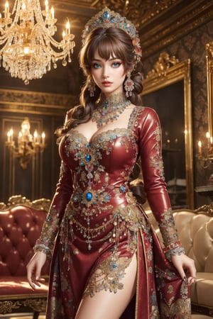 busty and sexy girl, 8k, masterpiece, ultra-realistic, best quality, high resolution, high definition, An animated animated image of a girl in a long flowing dress. The dress is adorned with intricate gold designs, and the girl's hair is tied in a bow at the top of her head. Her eyes are a piercing blue, and her hair is a light brown color. She is standing on a checkered patterned floor, and she is facing the left side of the image. To the left of her is a red leather couch, and to her right is a row of columns. A chandelier is hanging from the ceiling, adding a touch of warmth to the scene.