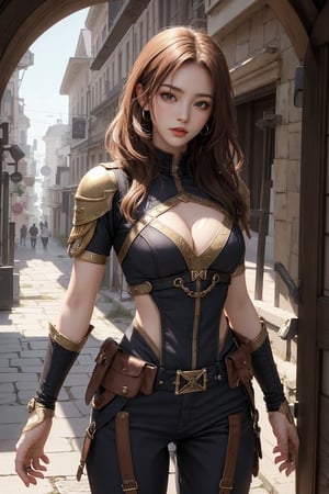 busty and sexy girl, 8k, masterpiece, ultra-realistic, best quality, high resolution, high definition, The image is a piece of anime-style artwork featuring a female character in a fantasy setting. The character is dressed in a military-inspired outfit, suggesting she may be a soldier or adventurer. The background depicts a quaint town, which could imply the setting for an adventure or quest within the story.