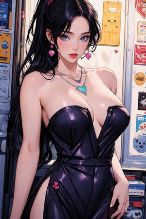 busty and sexy girl, 8k, masterpiece, ultra-realistic, best quality, high resolution, high definition, a woman with long black hair, wearing a silver strapless dress and a silver ring on her left hand. She is wearing a black necklace with a heart-shaped pendant hanging from it. Her eyes are blue and her lips are red. Her hair is pulled back in a ponytail,