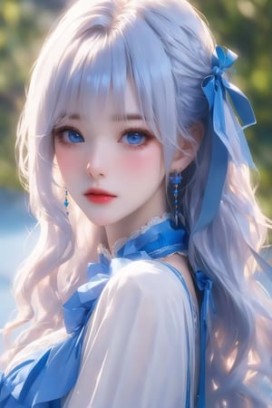 busty and sexy girl, 8k, masterpiece, ultra-realistic, best quality, high resolution, high definition, 1girl, solo, long hair, looking at viewer, blush, bangs, blue eyes, dress, bow, ribbon, jewelry, closed mouth, hair ribbon, upper body, white hair, hair bow, earrings, frills, black dress, parted bangs, eyelashes, blue bow, blue ribbon, pale skin, red lips