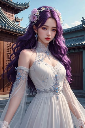 1 girl, 8k, masterpiece, ultra-realistic, best quality, high resolution, high definition, solo, long hair, looking at viewer, hair ornament, dress, jewelry, purple eyes, purple hair, flower, earrings, detached sleeves, sky, hair flower, white dress, architecture, east asian architecture