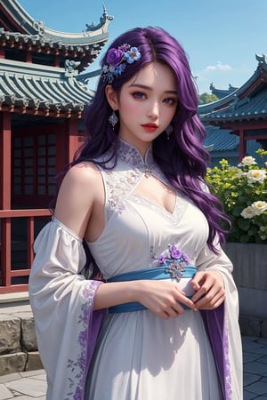 1 girl, 8k, masterpiece, ultra-realistic, best quality, high resolution, high definition, solo, long hair, looking at viewer, hair ornament, dress, jewelry, purple eyes, purple hair, flower, earrings, detached sleeves, sky, hair flower, white dress, architecture, east asian architecture