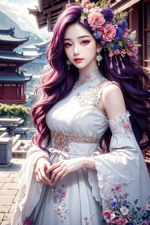 1 girl, 8k, masterpiece, ultra-realistic, best quality, high resolution, high definition, solo, long hair, looking at viewer, hair ornament, dress, jewelry, purple eyes, purple hair, flower, earrings, detached sleeves, sky, hair flower, white dress, architecture, east asian architecture