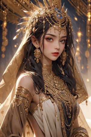 busty and sexy girl, 8k, masterpiece, ultra-realistic, best quality, high resolution, high definition,a character with a detailed and ornate headdress, adorned with what appears to be crystals or gems.  outfit suggests a regal or ceremonial attire.The color palette, predominantly white and silver, gives the character an ethereal or otherworldly appearance