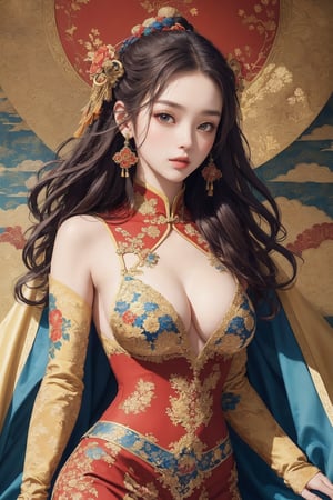 busty and sexy girl, 8k, masterpiece, ultra-realistic, best quality, high resolution, high definition, Chinese female warrior in the style of Korean animation. The character should have an elegant and heroic posture, wearing traditional yet stylized warrior attire that reflects a blend of historical and fantasy elements. The color palette should include rich golds, reds, and blues, with intricate floral patterns similar to those in the original image. The background should be grand and detailed, possibly including architectural elements that enhance the character's presence.