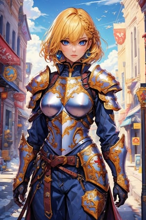 busty and sexy girl, 8k, masterpiece, ultra-realistic, best quality, high resolution, high definition,1girl, solo, looking at viewer, short hair, bangs, blue eyes, blonde hair, hair between eyes, closed mouth, braid, outdoors, sky, day, belt, cloud, armor, shoulder armor, gauntlets, building, pauldrons, breastplate, knight