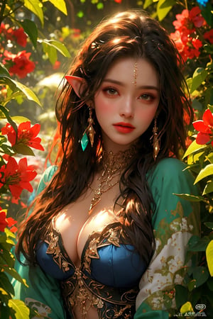  busty and sexy girl, 8k, masterpiece, ultra-realistic, best quality, high resolution, high definition, A stunning sorceress, enveloped in prisms of color, is adorned in her most exquisite attire and her finest jewels, colorful glowing flower,goblin