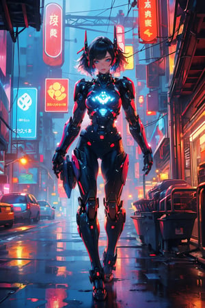 busty and sexy girl, 8k, masterpiece, ultra-realistic, best quality, high resolution, high definition, hologram, cyberpunk, MULTI-COLOER HAIR, science fiction, neon light, night city, GLOWING MECHA PARTS