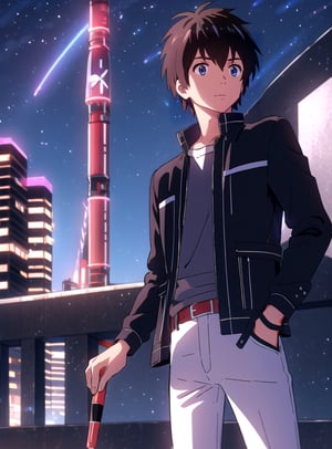 Taki Tachibana, kimi no na wa, 1boy, blue eyes, brown hair, black jacket, male focus, marker, night, night sky at tokyo city, solo, next to a windown, looking at the sky.