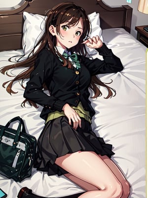 mizuhara chizuru, high school girl, green-black school_uniform, black mini skirt, shy face , lying on her back on a bed , and is looking directly at the viewer, upper viewing angle, she has a cellphone in one hand.