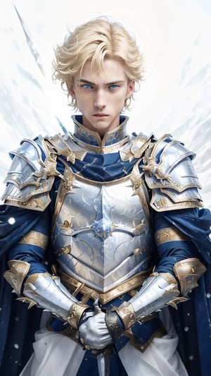 A young warrior with blonde hair, bright blue eyes. He has a serious expression. He is dressed in epic silver armor, the armor has details of roses and ice, the young man carries a sword in his hands, in the background there is a great snowstorm.,marb1e4rmor