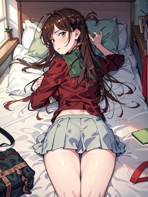 mizuhara chizuru, high school girl, green-black school_uniform, shy face , lying on her back on a bed , and is looking directly at the viewer, upper viewing angle.