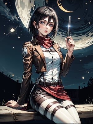 Mikasa looking the viewer, romance contect, starry night, full moon, shooting stars, warm light source, dreamy, best quality, highres. Short hair, black eyes, scarf, emblem, belt, thigh strap, red scarf, sexy red dress.