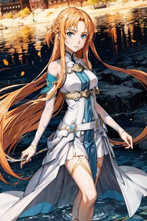 A young woman with long, flowing orange hair and piercing blue eyes. She is tall and slender, with a graceful bearing. Asina's eyes are her most striking feature, they are a deep blue that seem to see right through you,  1girl,  yelow hair, fullbody,  frozen background,  holy sword,  golden sword,  light,  sunlight,  magic,  lake,  transparent clothes,  floating_hair,  floating water, water magic,  white armor ornaments,  flowers,  sunshine,  light reflections. Asuna from Sword Art Online, dark blue dress. 