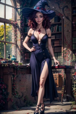 1 girl, witch  long torn black dress, blue light, red shoes, red ribbon,curly brown hair, smile, big side bag,  realistc, 8k, best quality,no bra, boobs, neckline, frckless, red hair, library, candels, 