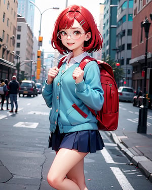 meilee, 1 girl, , parted hair, brown eyes, hair ornament, red hair, smile, neck-length hair, hairclip, long sleeves, glasses, collared shirt,  skirt, backpack,  thin silver glasses, teal hairclip, white collar, blue skirt, gray sneakers, chocker,  mauve leggings, red cardigan