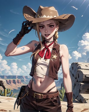 1  girl, cowgirl, blonde hair:1.5, blond,  cowboy hat:1.4,  gun, whip,  wild west, cowboy clothes, cow vest, ,Jinx, sherif, cowboy boots, gloves, blue sky, cactus, grand canyon, ,cowboy, bandana in neck, red eyes, asymetric clothes,JinxLol,freckles, open vest:1.4, feathers, 