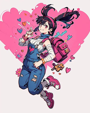 1 girl, abby, 1girl, solo, long hair, bangs, black hair, jewelry, full body, heart, hairband, earrings, bracelet, sweater, turtleneck, , overalls, pink hairband, smile, big breast, long legs, 2D, bandage, solo, heart background, notebook, jumping, backpack, hapy, short, bare shoulders, grafitty, can, spry can, urban, 