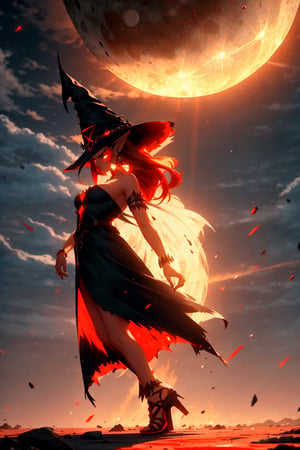 1 girl:1.5, freckles, long hair,white hair,witch hat,jewelry,earrings,pointy ears,bare shoulders,red eyes,strapless,punk bracelet,falling, sky,  perfect hands, moon, big breast, glowing, aura, energy, flying debris,  floating hair,heels, red sky, sexy, 

Highres, best quality, extremely detailed, area lighting in background, HD, 8k, extremely intricate:1.3), realistic, GlowingRunes_red, see trough dress,r1ge