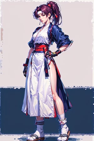 best quality, official art, ,ponytail, hakama,blue hakama skirt:1.3),japanese clothes,  headband,(white tabi:1.3),(white japanese socks:1.5),red belt, ,neckline:1.4, geta, large fingerless gloves, old tokyo,
