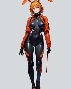 1girl, short hair, large breasts,  simple background,  (masterpiece, best quality, detailed:1.3), details,   full body, open clothes, snickers, side boob, seriuos face, navel, urban, jacket, seminaked, wet, asuka_langley_souryuu, bodysuit, plugsuit, plug_suit, evangelion, 1990s_(style), thigh, bunny ears, orange hair, smile, walking, oversized, torn clothes, ripped_clothes, damaged, asymetric, 
