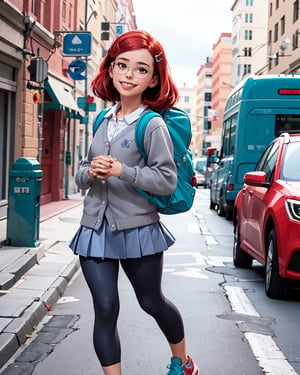 meilee, 1 girl, , parted hair, brown eyes, hair ornament, red hair, smile, neck-length hair, hairclip, long sleeves, glasses, collared shirt,  skirt, backpack,  thin silver glasses, teal hairclip, white collar, blue skirt, gray sneakers, chocker, perfect hands, mauve leggings, red cardigan