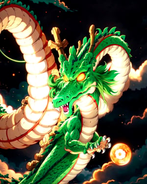 shenlong, dragon, centered, dynamic, glowing eyes, sharp theets, clouds, stars, flying, floatinf debris, power up, shiny, ,dragoncute