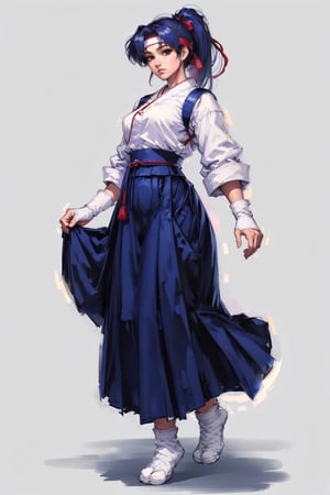 (masterpiece, top quality, best quality, official art, beautiful and aesthetic:1.2), (1girl:1.3), (fractal art:1.3),ponytail, hakama , (blue hakama skirt:1.3),japanese clothes,  headband,(white tabi:1.3),(white japanese socks:1.5),red belt, simple background, (Cinmatic:0.4) ,upper body, 