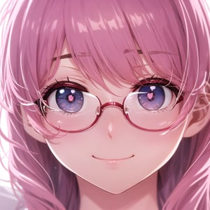 (masterpiece:1.2, best quality), (finely detailed beautiful eyes: 1.2), glowing eyes, shiny hair, lustrous skin, white skin, solo, embarassed, (midriff), (extremely delicate), aya maruyama, (pink hair:1.3), worn loose hair, light pink eyes, eyeglasses, (face focus), (sharp face), (close up:1.5), looking down, from below, shy, (sweet smile), blurred background 