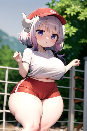 Kanna Kamui, (horns), (wide hips:1.4), (thick thighs:1.4), ((wearing white shirt, wearing red shorts)), (park background),BK2S