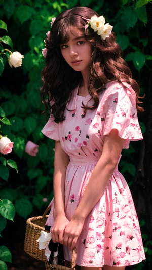 1girl, solo, curly hair, messy hair, long hair, looking at viewer, brown hair, black hair, dress, holding, upper body, flower, short sleeves, outdoors, white dress, lips, rose, leaf, pink flower, realistic, basket, Detailed, unique, trendy, professional.,Masterpiece