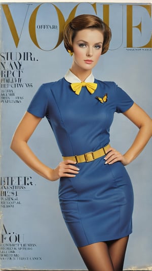 1girl, photorealistic, masterpiece, short brown hair, (full body),  wearing Cabin Crew Outfit, stockings, butterfly hairpin, detailed eyes, detailed face,  (large breast:1.16), (hourglass shape body:1.15), fashion magazine cover, super model pose, (yellow and Oxford blue theme), studio lighting, correct_anatomy, Detailedface,photo r3al,Vogue,detailmaster2