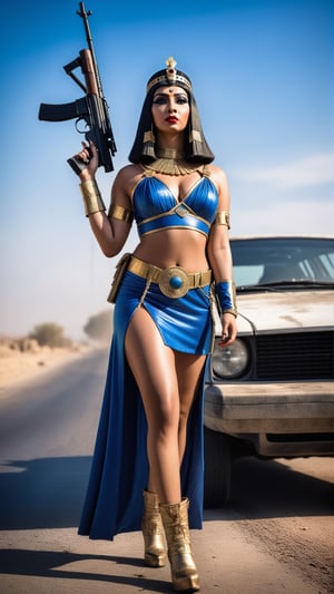 Queen Cleopatra wearing her royal outfit, standing near a car, carry rifle gun on shoulder, (full body), (from below):1.13, high contrast, low saturation, wide shot, zombies, american apocalyptic theme,aw0k euphoric style,photo r3al,Extremely Realistic