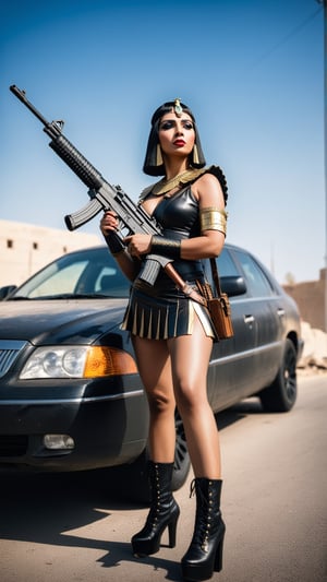 Queen Cleopatra wearing her royal outfit, standing near a car, carry rifle gun on shoulder, (full body), (from below):1.13, high contrast, low saturation, wide shot, zombies, american apocalyptic theme,aw0k euphoric style,photo r3al,Extremely Realistic