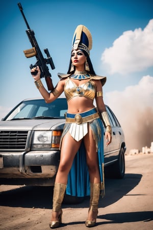 Queen Cleopatra wearing her royal outfit, standing near a car, carry rifle gun on shoulder, (full body), (from below):1.13, high contrast, low saturation, wide shot, american apocalyptic theme,aw0k euphoric style,photo r3al