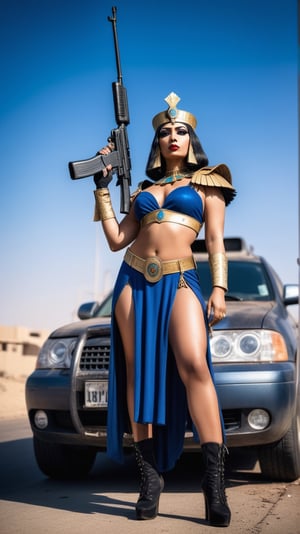 Queen Cleopatra wearing her royal outfit, standing near a car, carry rifle gun on shoulder, (full body), (from below):1.13, high contrast, low saturation, wide shot, zombies, american apocalyptic theme,aw0k euphoric style,photo r3al,Extremely Realistic, ((dramatic))