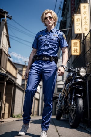 (photorealistic:1.4), highly detailed, 1man, 17 years old, japanese man, mikey, manjiro_sano, tokyo_revengers, solo, muscular, male focus, short blonde hair, pale skin,  smirk, full body:1.32, standing, ((detailed face)), outside, tokyo dark alley, cinematic,  (sunglasses, japan police uniform), Detailedface, (from below:1.22), (smooth clear skin:1.27), dramatic, (detailed hair, detailed material, detailed fabric, detailed face), rule of thirds:1.15, dynamic pose,Detailedface