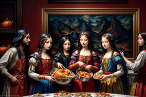 art by Leonardo da Vinci, mona lisa is cooking a delicious thanksgiving turkey in  the kitchen , microwave, etheral lighting, high contrast featuring muted colors, ultra detailed,  ,Masterpiece