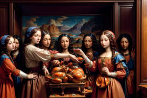 art by Leonardo da Vinci, mona lisa is cooking a delicious thanksgiving turkey in  the kitchen , microwave, etheral lighting, high contrast featuring muted colors, ultra detailed,  ,Masterpiece