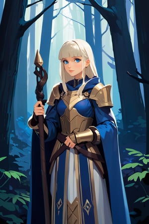 platinum blonde, staff, armored mage outfit, blue and bronze, dark forest setting, blue eyes