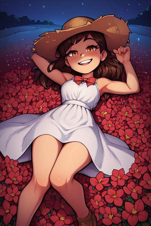 score_9, score_8_up, super cute style, uncensored, 1girl, female_solo, night, white dress, straw hat, red bow, brunette, field of yellow and red flowers, brown shoes, smug, flirt, alluring, eye_contact, viewed_from_above, lying_on_back