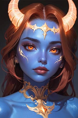 portrait, blue skin, demon woman, angelic tattoos, angelic horns, beautiful lips, orange eyes