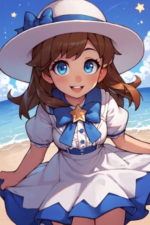 score_9, score_8_up, super cute style, 1girl, female_solo, A cute anime girl with long brown hair and blue eyes, wearing a white dress and hat decorated with stars, posing on the beach, blue trim