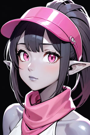 ((grey skin)), head portrait, pink eyes, pink visor, black hair, ponytail, pink bandana around her neck, pointed ears, dark background, blush
