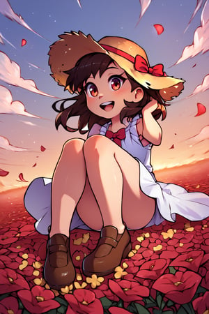 score_9, score_8_up, super cute style, white panties, 1girl, female_solo, red petals floating in the air, dusk, white dress, straw hat, red bow, brunette, field of yellow and red flowers, brown shoes, sitting, knees up, :o, open mouth