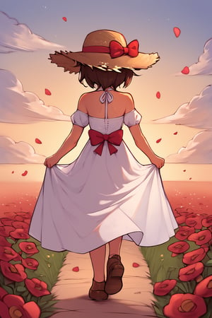 score_9, score_8_up, super cute style, uncensored, 1girl, female_solo, red petals floating in the air, dusk, she is walking away with her back toward the viewer, viewed_from_behind, white dress, straw hat, red bow, brunette, field of yellow and red flowers, brown shoes, facing away from the viewer