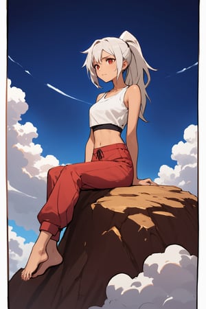 sitting on a mountian, barefoot, red pants, messy white hair, long ponytail, toes, red eyes, cloudy, white top, midriff