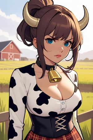 A cute girl, cow pattern top, corset, plaid skirt, serious, horns, cowbell necklace, dark blue eyes, pretty lips, cleavage, ponytail, brunette, farm setting, big breasts